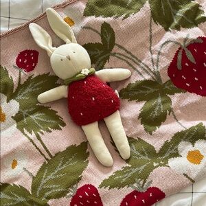 Strawberry Themed Organic Cotton Knit Blanket with matching Bunny Plush